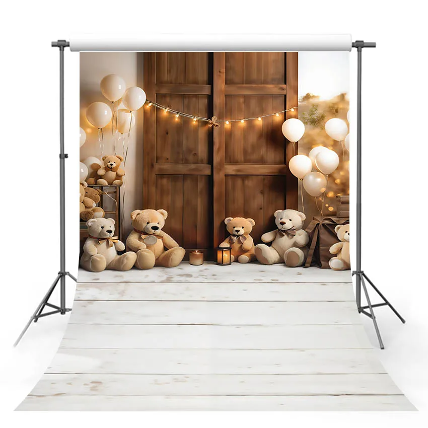 

Mehofond Photography Backdrop Newborn Baby Birthday Cake Smash Decor Wooden Door Toy Bear Balloon Glitter Backdrop Photo Studio