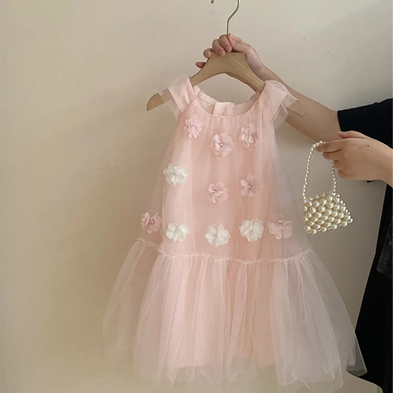 Girls' Korean dress 2026 summer new children's clothing stylish sweet and versatile mesh three-dimensional flower princess skirt
