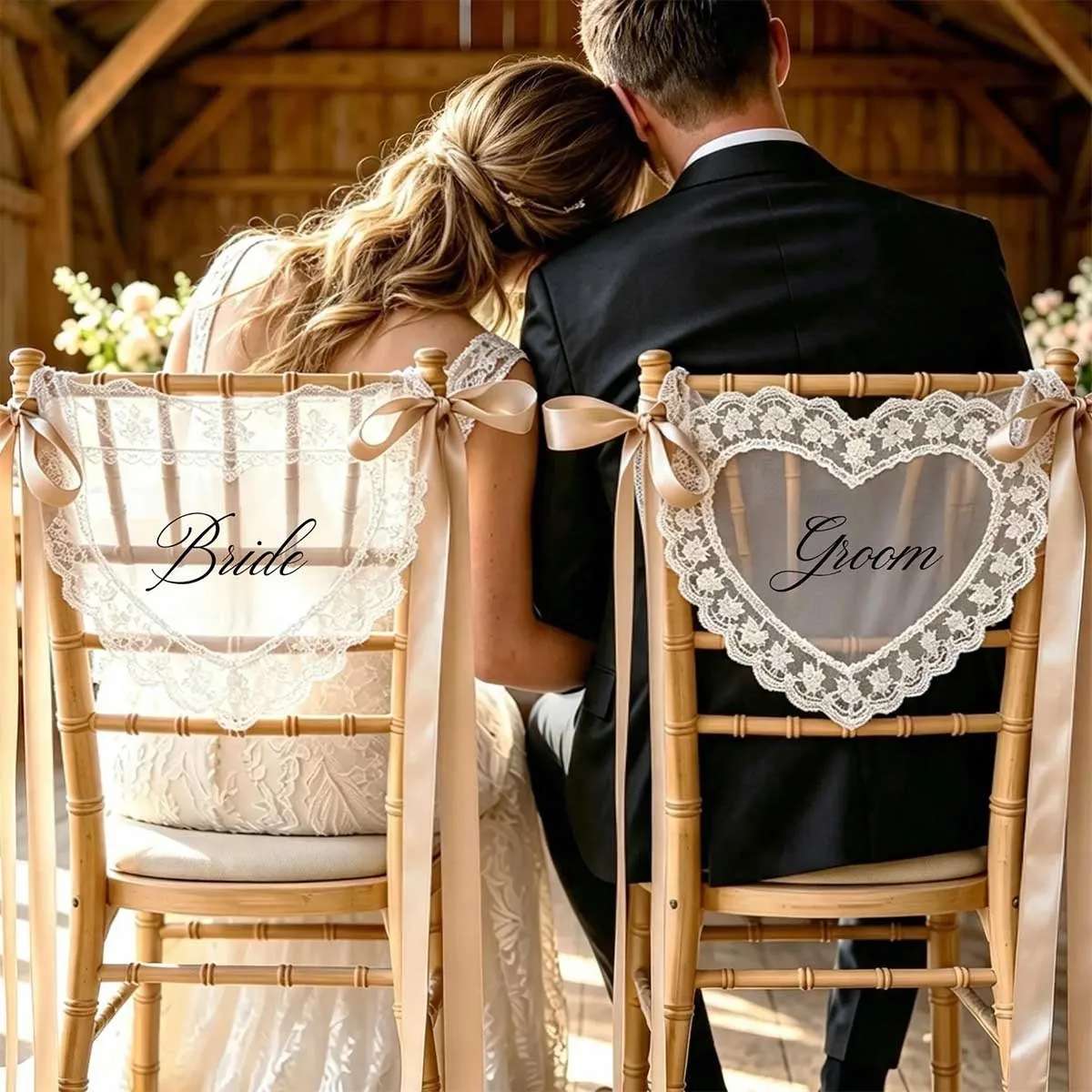 Just Married Lace Chair Signs Heart Shaped for Bride & Groom Wedding Day Chair Decor Supplies Bridal Shower Party Accessory