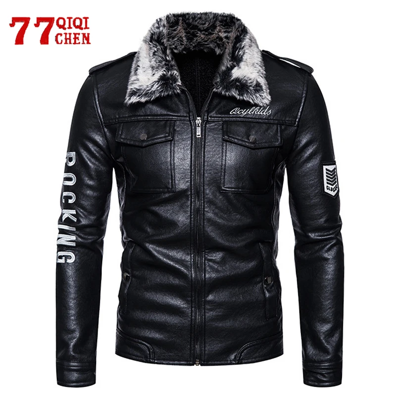 Winter Faux Leather Jacket Men Fur Fleeece Turndown Collar Motorcycle Jackets Fashion Casual Multiple Pockets Slim Fit Coat Male