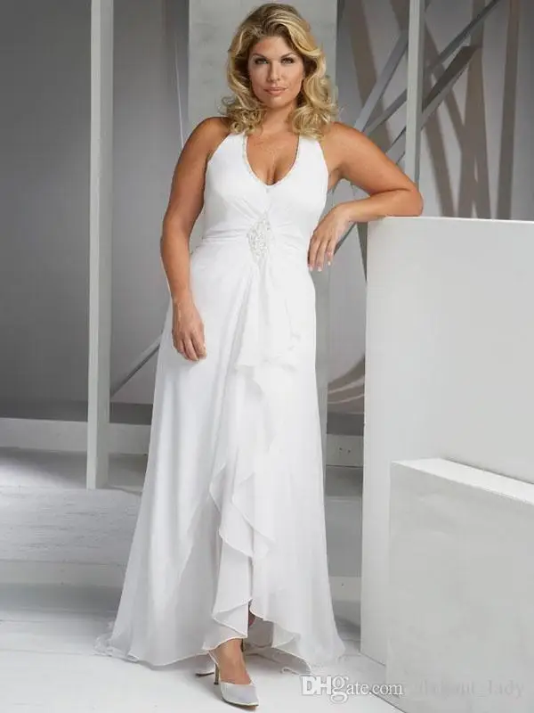 

Beach Plus Size Wedding Dresses Cheap V Neck Halter Wedding Gown Empire Waist Chiffon Wedding Dress Asymmetrical Bridal Gowns