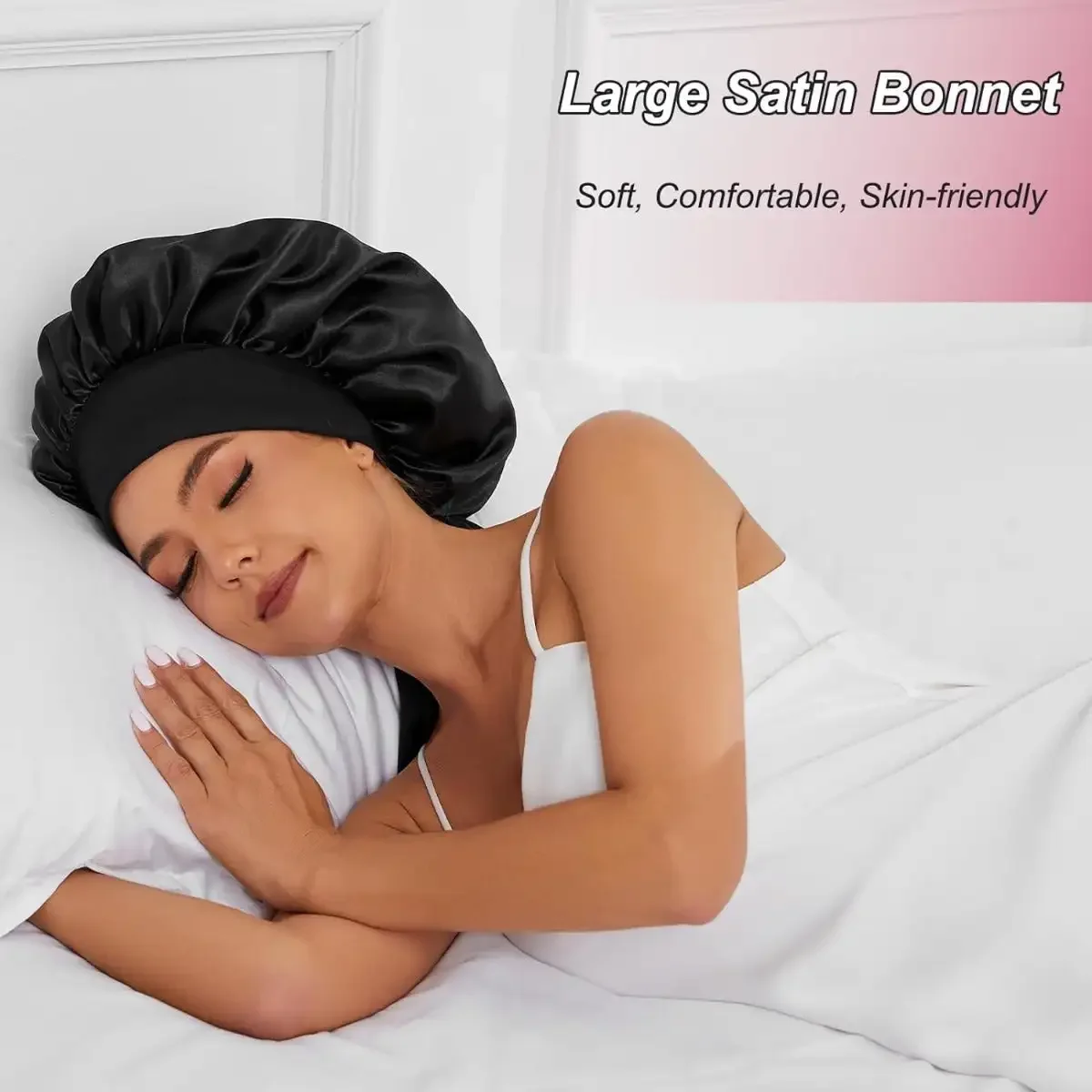 Satin Silk Bonnet Hair Bonnet for Sleeping Jumbo Sleep Cap, Black Bonnet for Women Curly Hair