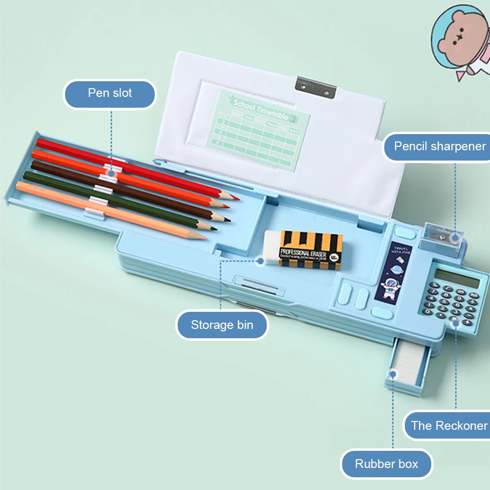 Kotak penyimpanan alat tulis pensil kartun multifungsi, kotak penyimpanan alat tulis dengan kalkulator, rautan pensil, perlengkapan sekolah dengan 4 buah hadiah gratis