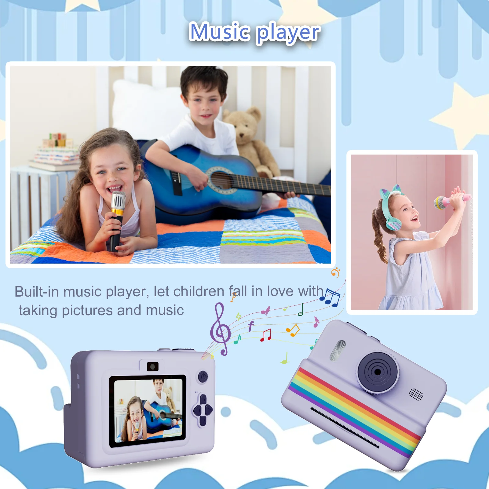 2.8-inch screen instant printing toy camera with 32GB SD card, 3 rolls of printing paper, portable high-definition camera, insta