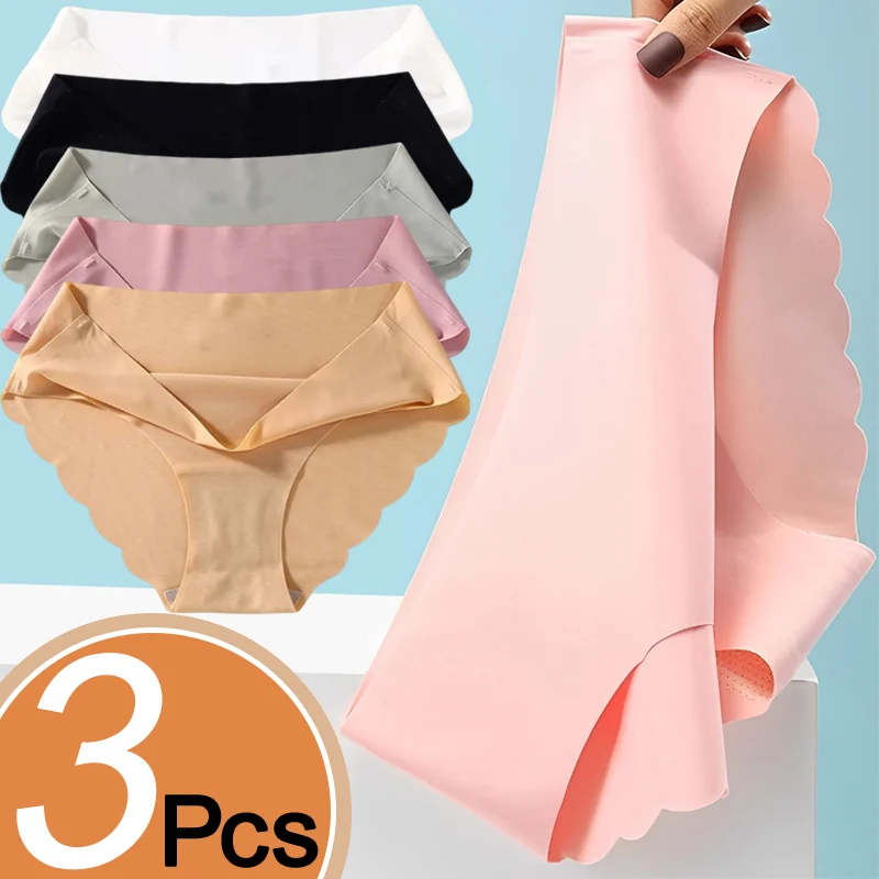 3pcs Women\'s Smooth Seamless Panties Ice Silk Ruffle Briefs Underpants Sexy Panties Lingerie Comfortable Satin Panty