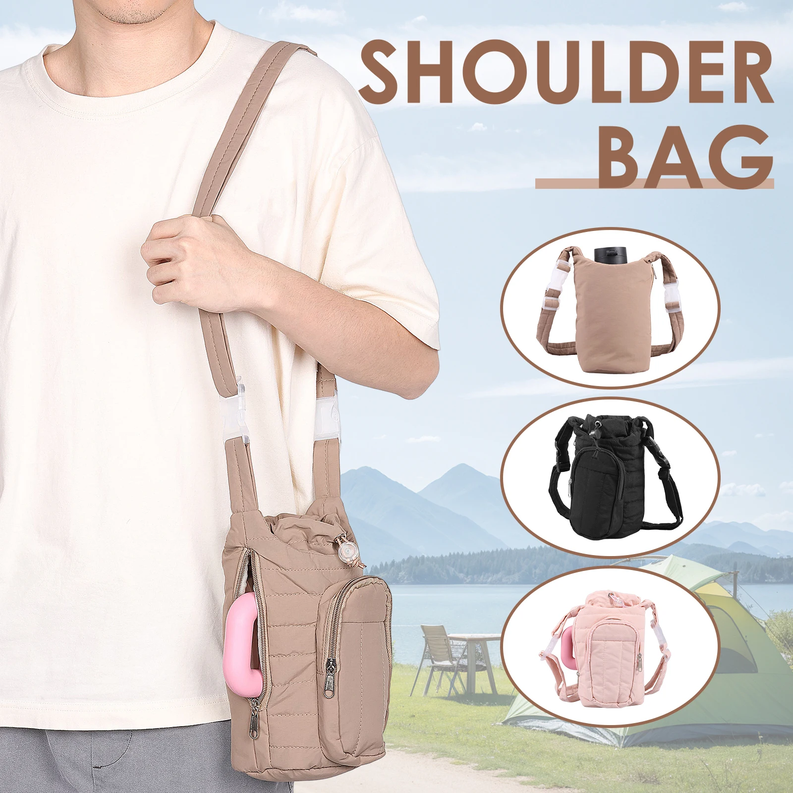 

Water cup crossbody bag with elastic rope lock design adjustable keep warm portable and multifunctional storage crossbody bag