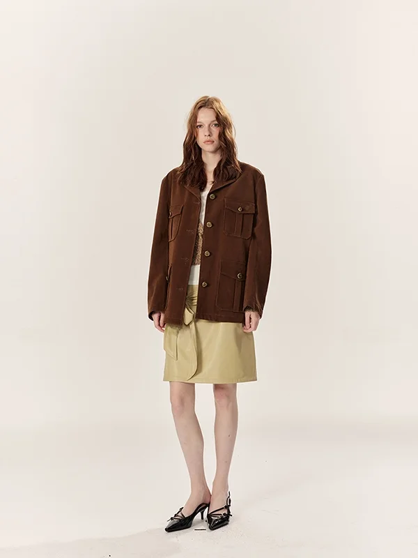 Tee Goood PU Leather Suit Jaet with Matte Fini And 3D kets Women's Casual Sle Double Button Coat for Winter