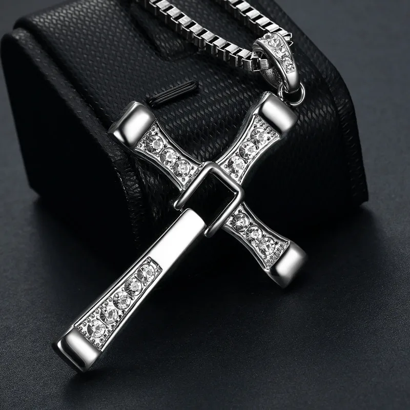 316L stainless steel Fast Furious Movies Actor Dominic Toretto Rhinestone Cross gold color Pendant Chain Necklace Men Jewelry