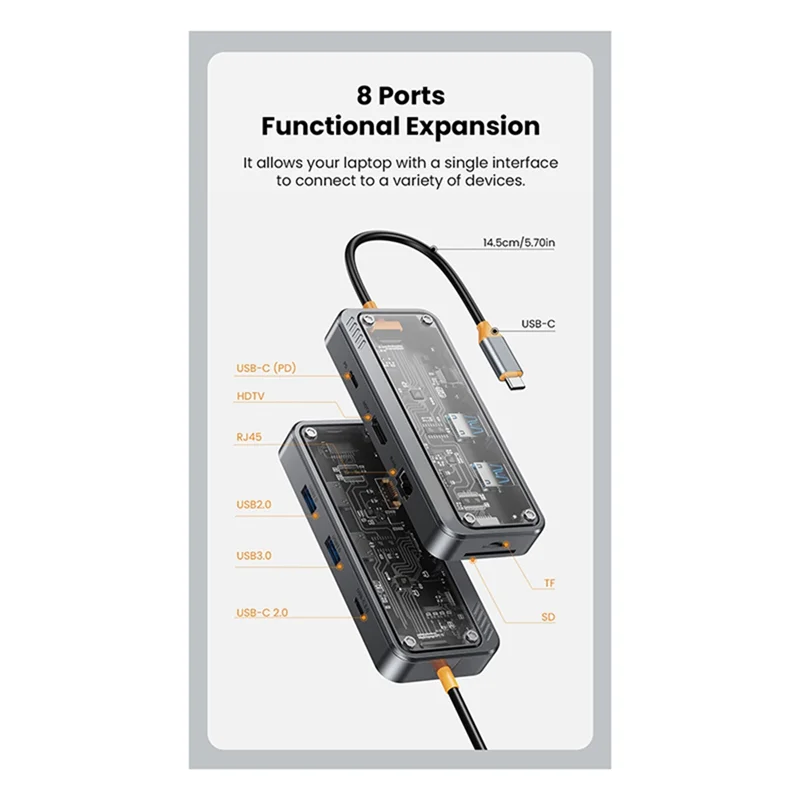 SR-USB C Hub 8 في 1 Type-C 3.1 إلى 4K محول 5GB RJ45 SD/TF قارئ بطاقات محور السماء الداكنة رمادي وشفاف USB 3.0 100W PD للكمبيوتر المحمول