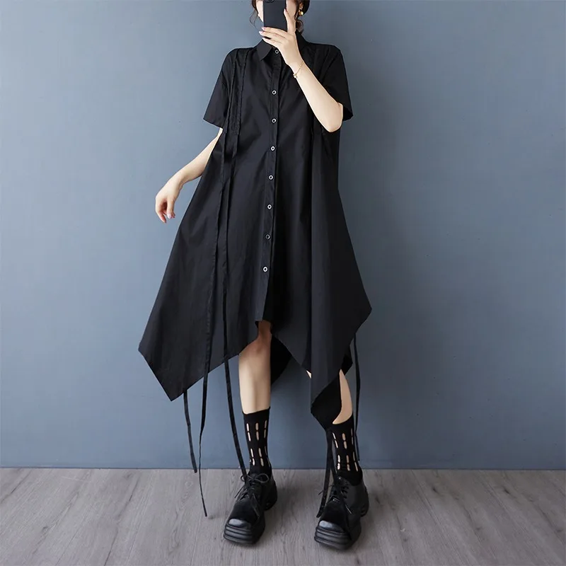 Small niche dark style summer drawstring design casual chic irregular shirt skirt fashionable casual dress