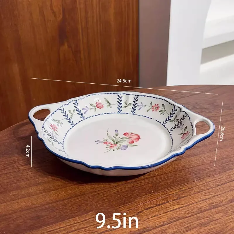 New High-End Porcelain Retro Style Plate Pink Green Printed Plate Shallow Tray Suit Gift Box Cutlery Set 8 Inches And 10 Inches