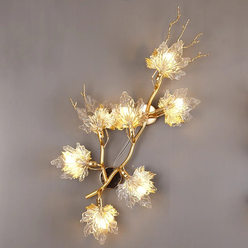 Creative Luxury Golden Branches Aluminum Maple Leaves with Crystal LED Wall Lamp Flower Blossom Background Lamp Living Room