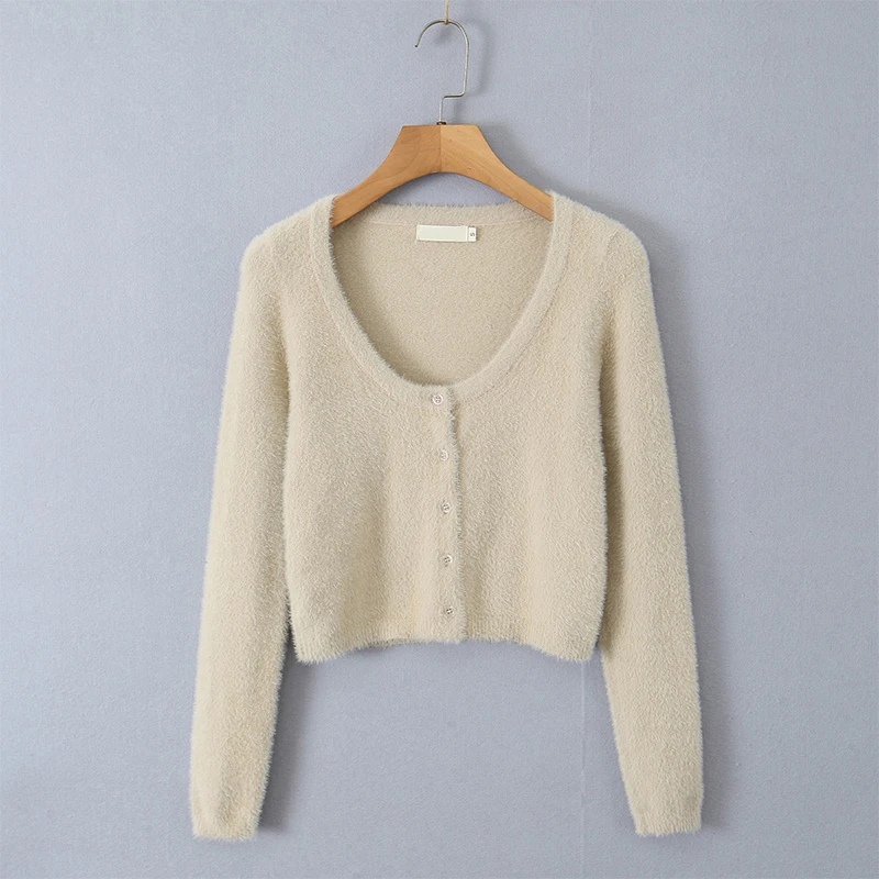 YENKYE New Autumn Women Army Green Mohair Soft Knit Cardigan Front Button Long Sleeve  Female Crop Sweater Outerwear