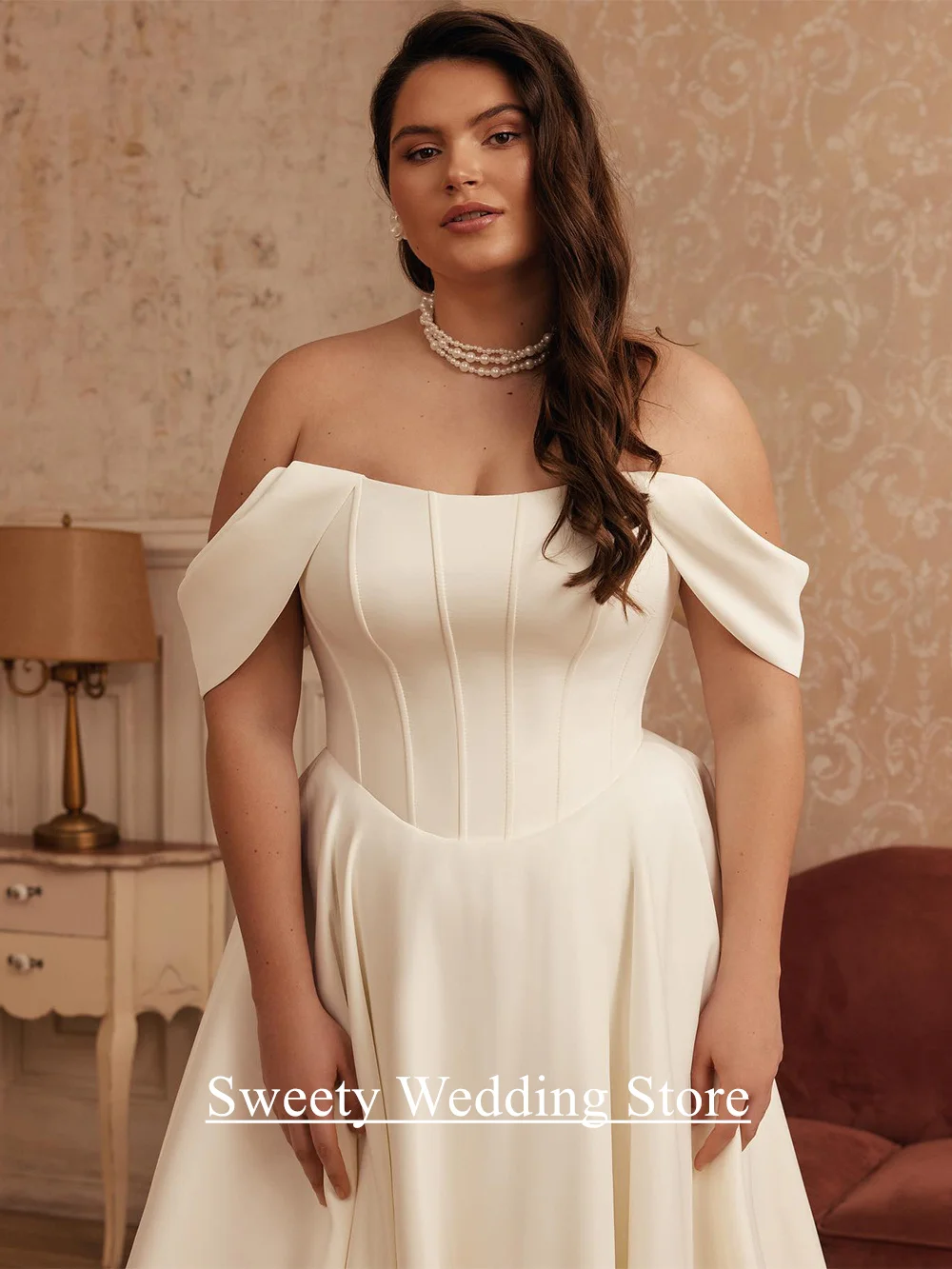 Plus size vestido de casamento vestido de noiva personalizado fora do ombro colher pescoço drapeado saia varredura trem mulher vestido de noiva