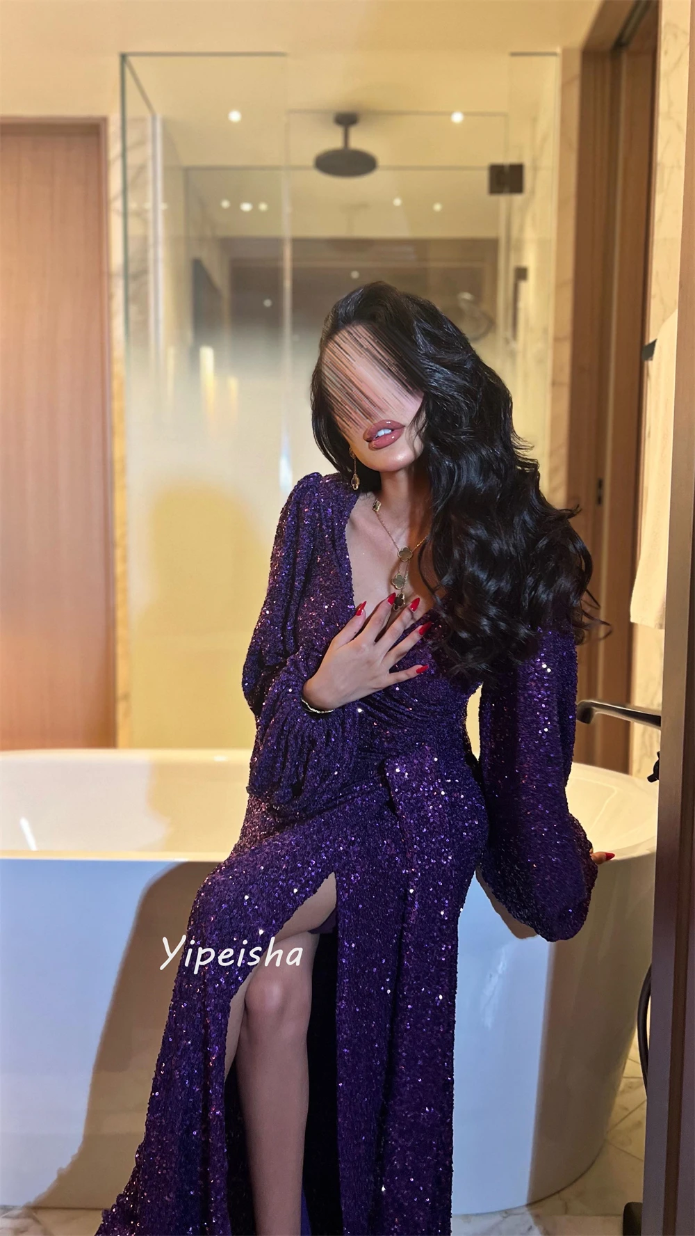 Customized Prom Exquisite V-Neck A-line Pleat Draped Sequined Floor-Length Sequin Bespoke Occasion Dresses Evening