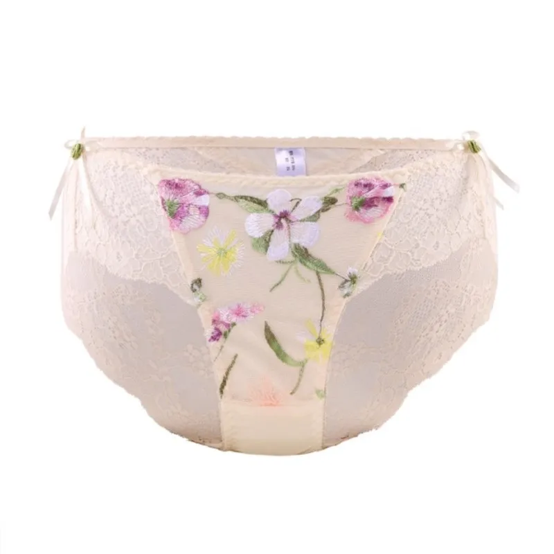 Lace See Through Women Sexy Lingerie Low Waiste Flower Embroidery Bow Sissy Briefs Comfortable Breathable Daily Wear Panties view 3