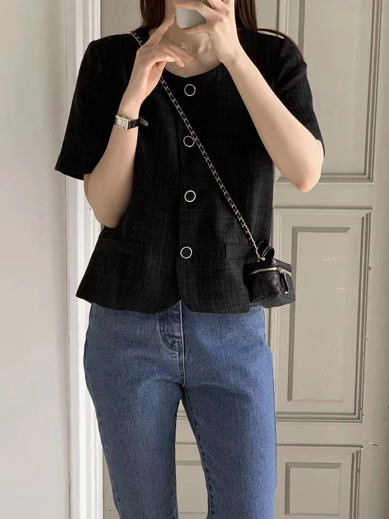 Ele Simple High-End round Ne Single Button ort Sve Loose Outerwear Chic Top Summer Faionable Women's Jaet