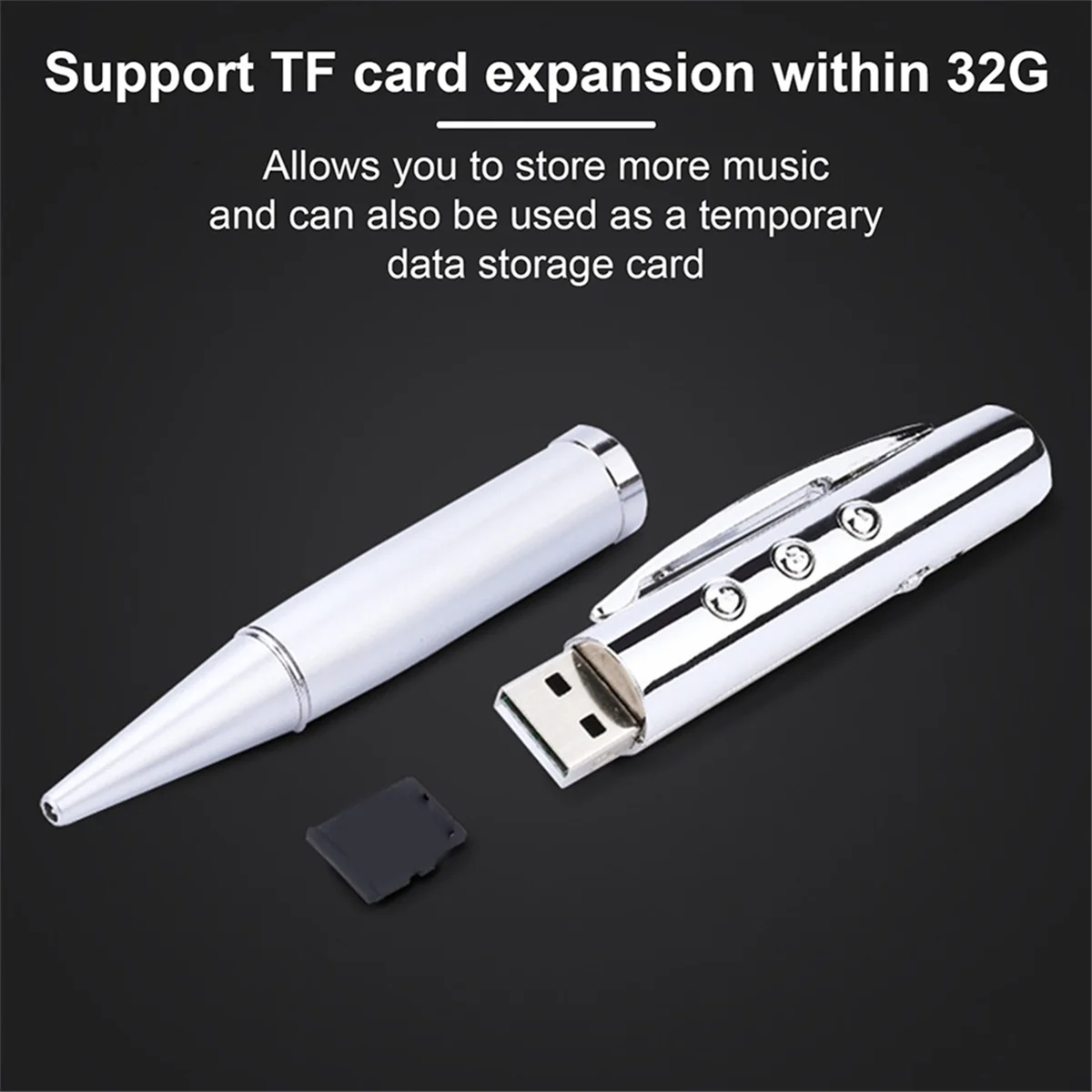 مشغل MP3 USB متعدد الوظائف ، مشغل موسيقى محمول ، جهاز استماع للطلاب ، قلم قابل للكتابة ، فضي