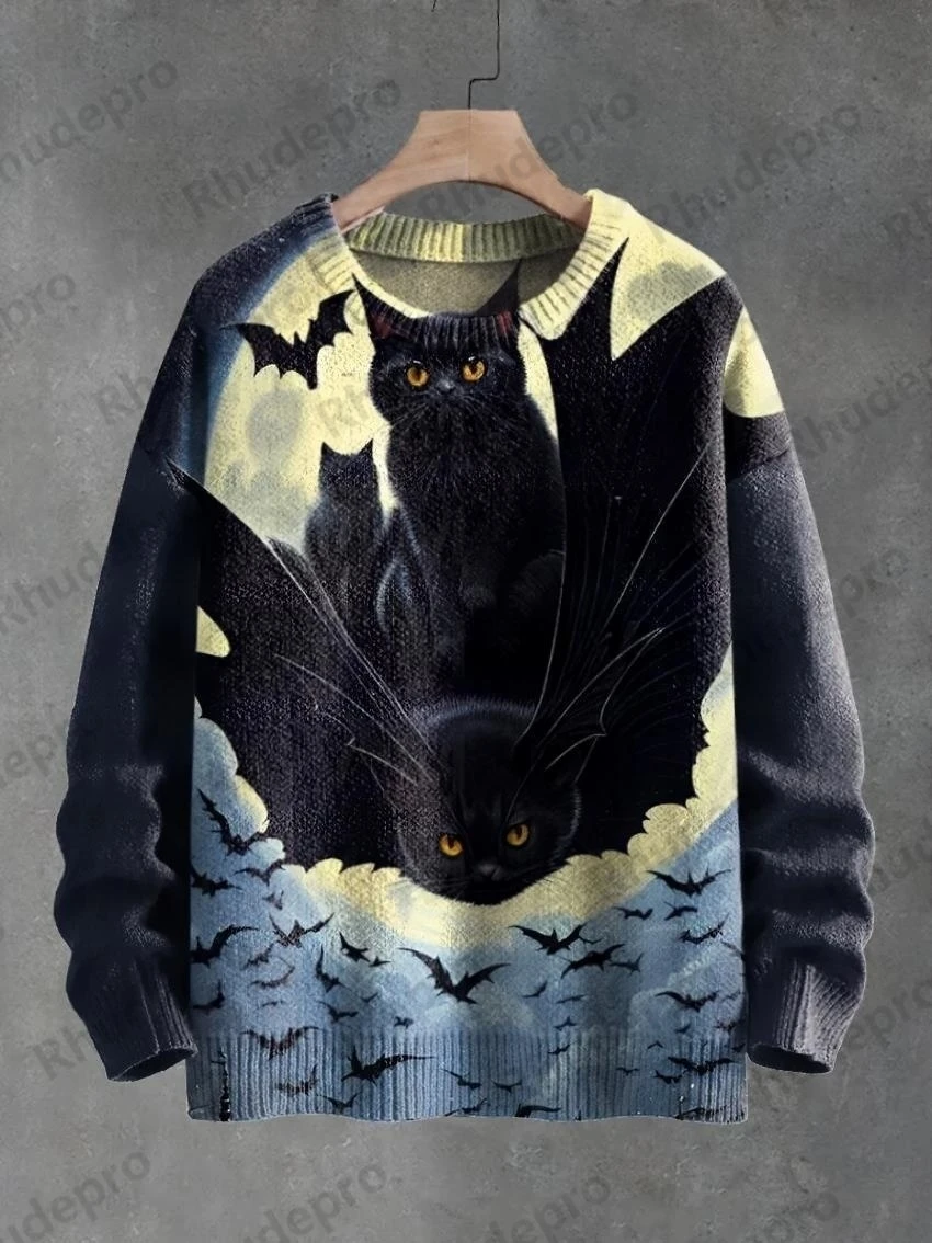 Cute Black Cat Flower Birds Art Pattern Print Casual Knit Pullover Sweater Classic Sweater Men's For Women's Pullover