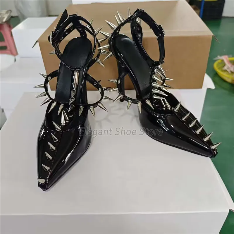 

Women's Gladiator Sandals Black Rivets Sexy Pointed Toe Ankle Strap High Heels Pumps Luxury Patent Leather Party Nightclub Shoes