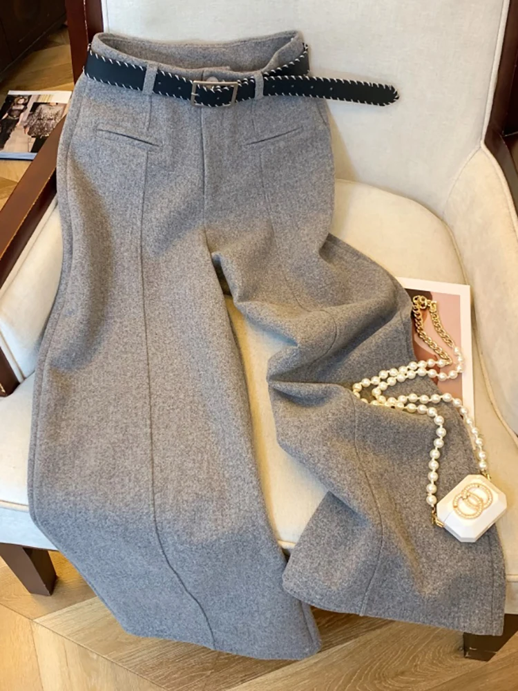

Утепленные шерстяные брюки-палаццо женские осенне-зимние с высокой талией, прямого кроя, с поясом, в корейском стиле, для стройности, костюмные