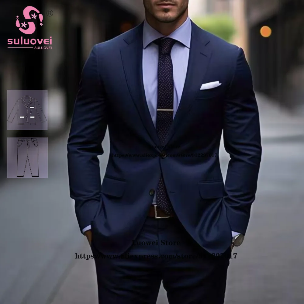

Navy Blue Suits For Men Slim Fit 2 Piece Jacket Pants Set Formal Grooms Wedding Banquet Tuxedos Outfits Traje De Hombre Elegante