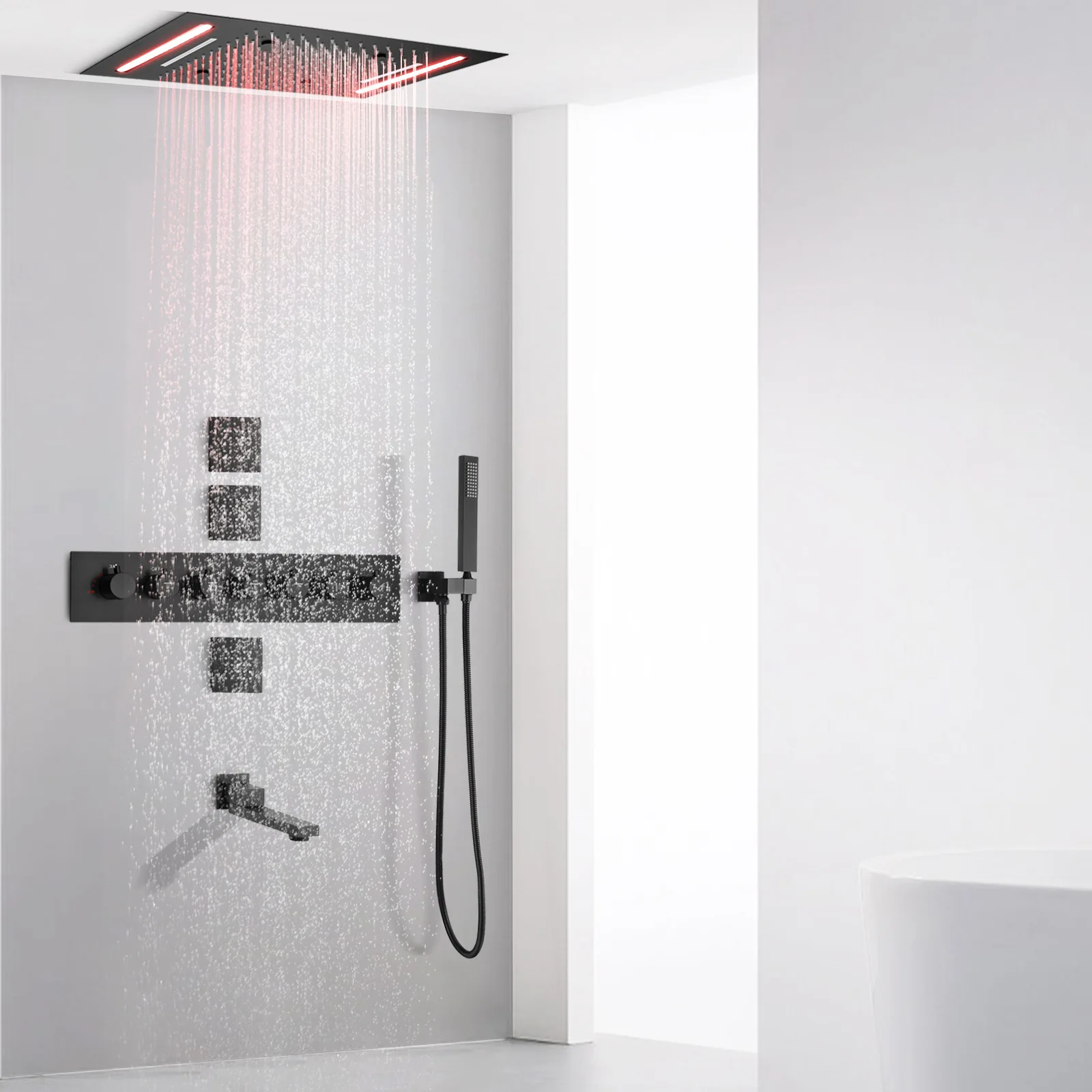 LED black concealed shower, constant temperature waterfall ceiling, recessed canopy ceiling shower