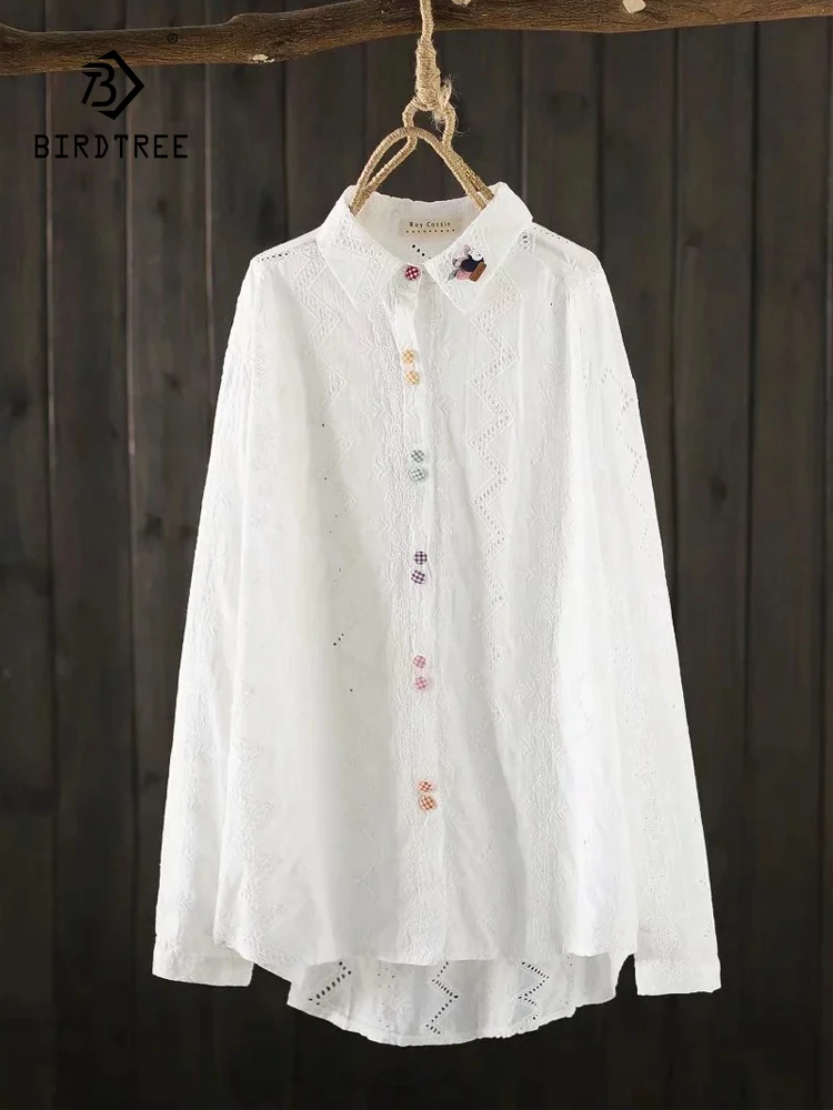 

New Spring Cotton Embroidery Shirt Women Lapel Long Sleeve Literature Tops Girl Colored Buttons Blouses 2024 Autumn T43979QC