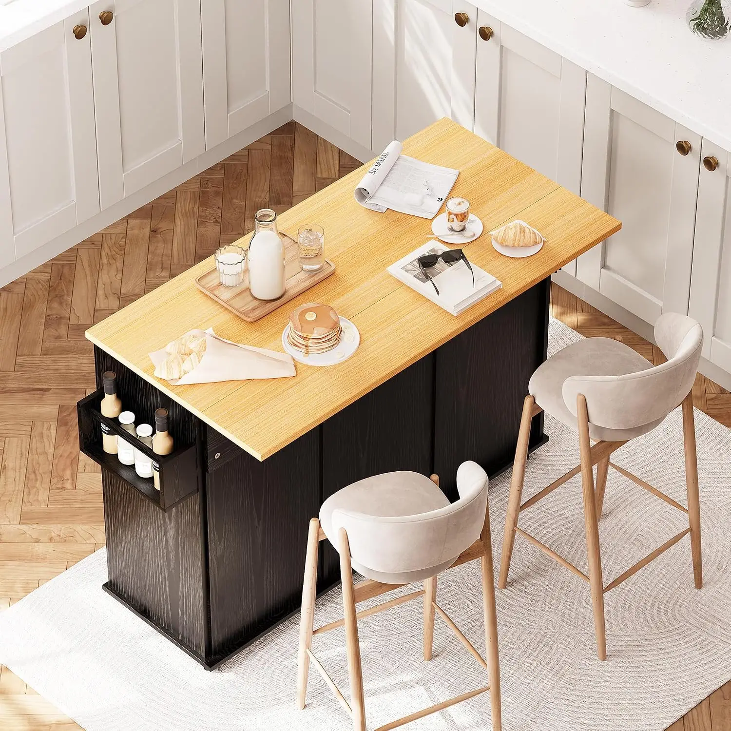 Rolling Kitchen Island with Trash Can Storage, 48” Kitchen Island Cart with Drop Leaf Countertop, Island Table with Drawer & She