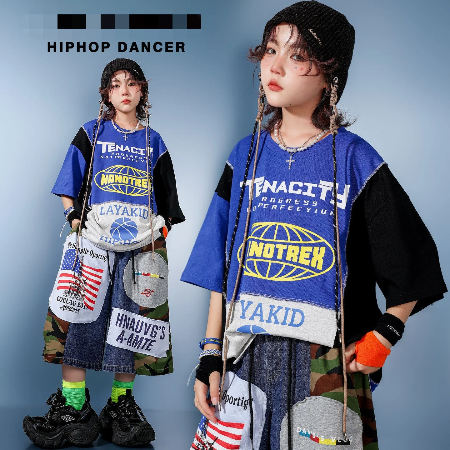 Children Boys Girls Streetwear Hip Hop Splice T-shirt Shorts Track Suits Kids T Shirts Jeans Shorts Sets Stage Clothes Costume