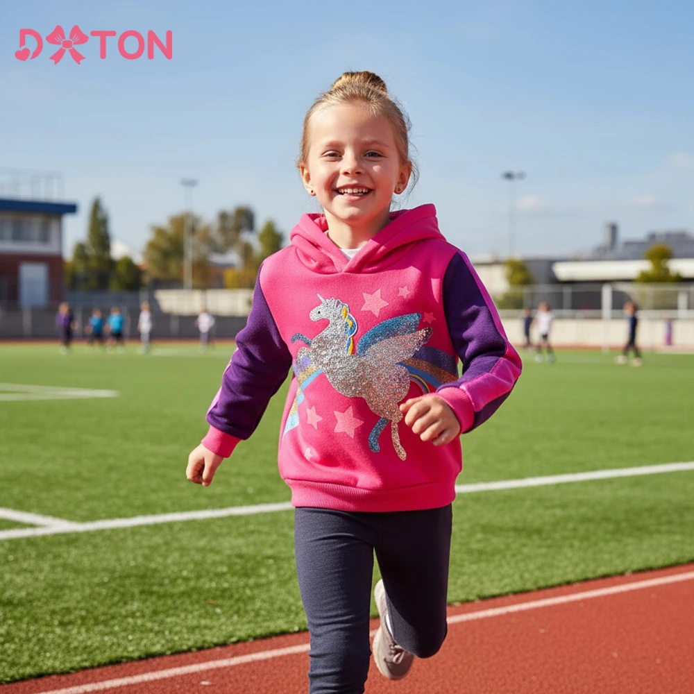 DXTON Children Sport Sweatshirts Winter Baby Girls Hoodies Tops Sequined Rainbow Outdoor School Clothes Thicken Kids Sweatshirt