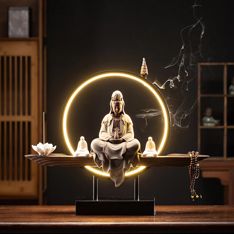 

In Stock Zen Intent Guanyin Buddha Statue Home Living Room Ceramic Lamp Ring Light Circles Ornaments Enshrine Decorative Craft