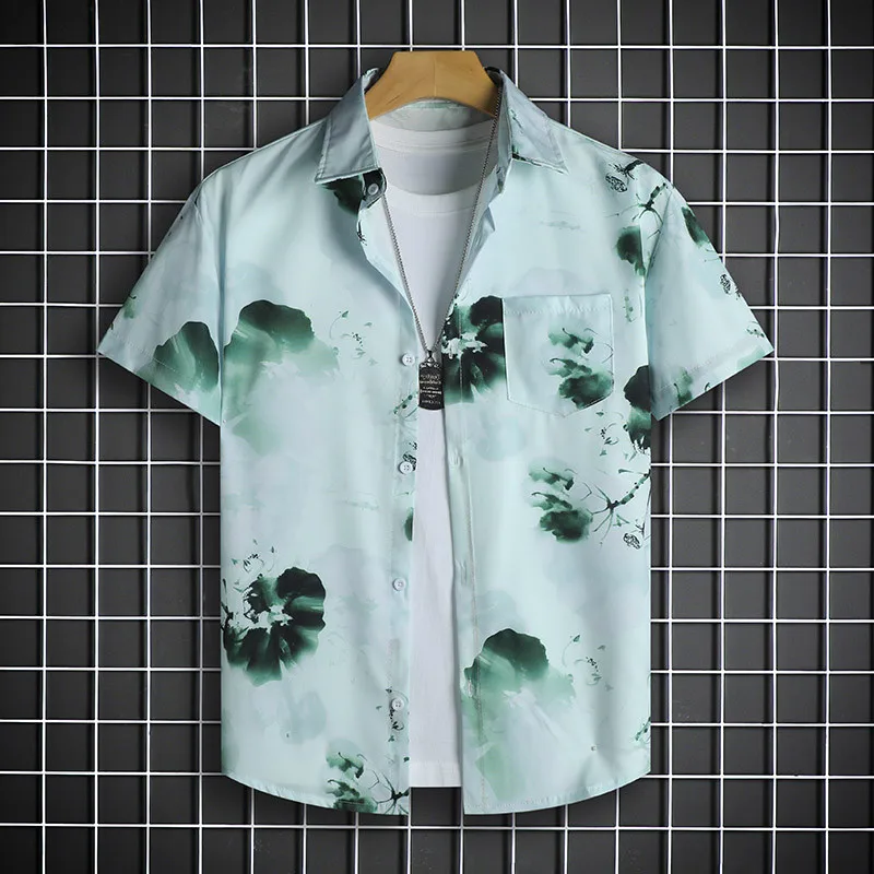 

Мужская летняя рубашка с коротким рукавом и чернильным принтом