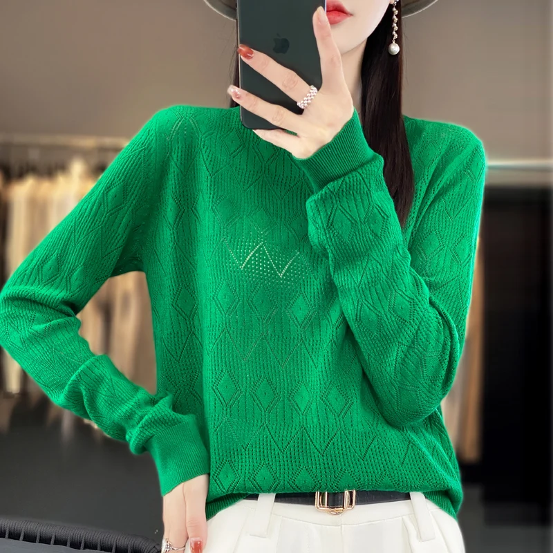 New Women Wool Blend Sweater Spring O-neck Geometric Hollow Pullover Fashion Soft Sweater Loose Casual Knit Base Tops