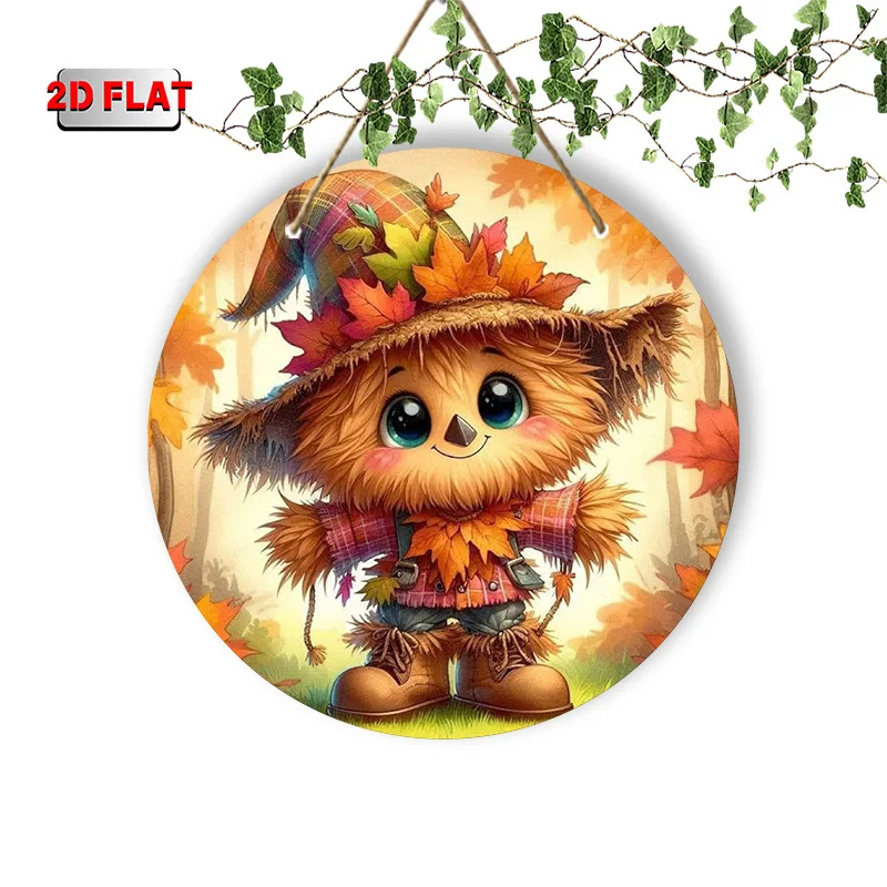 Flat - Decorative Sign And Plaque, 1pc Cute Scarecrow with Checkered Hat And Autumn Leaves - Retro Sign, Suitable for Home, Cafe