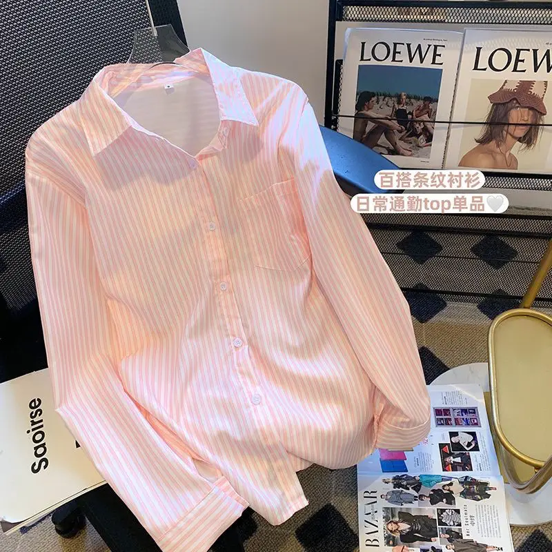 Striped Shirt Cardigan Jacket  Women Versatile Long-sleeved Shirt Design Top Jacket
