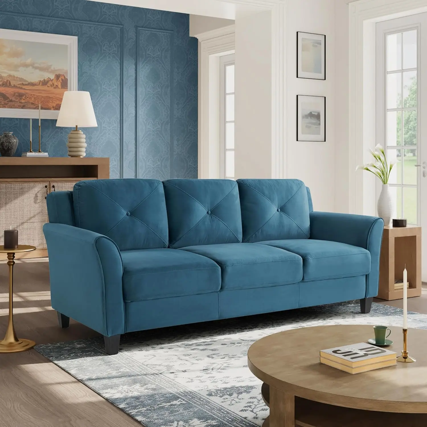 Sofa Blue Elegant Tufted Back Cushions Stain Resistant Fabric Ensuring Easy Maintenance and Longevity Refined Design