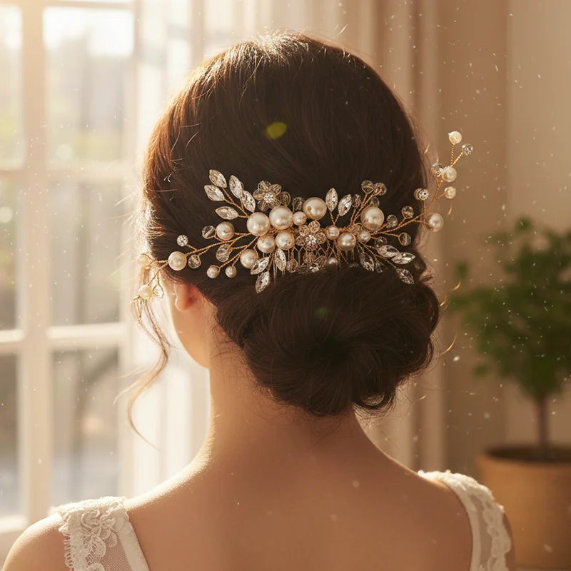 

Золотистая жемчужная заколка для волос в форме листа, элегантная гребень для волос с искусственным кристаллом для принцессы, Аксессуары для украшений, подарок подружке невесты