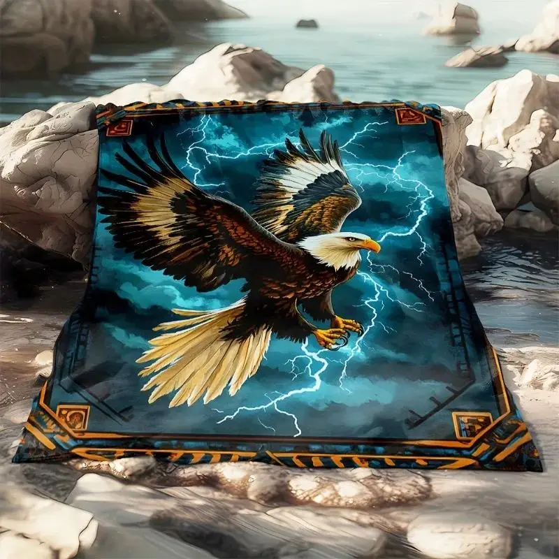 The Latest Model of General Machine Washable Nylon Fleece Retro Blue Lightning Eagle Pattern Flannel Blanket