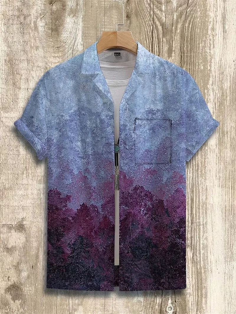 New red and yellow ancient architecture plum blossom contrasting printed short sleeved shirt for men's casual top