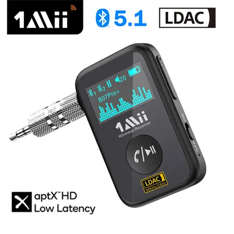 1Mii B07Pro+ Bluetooth Receiver for Car aptX LL 3.5mm AUX Audio Wireless Adapter for Car PC Handsfree Call Mic with OLED Display