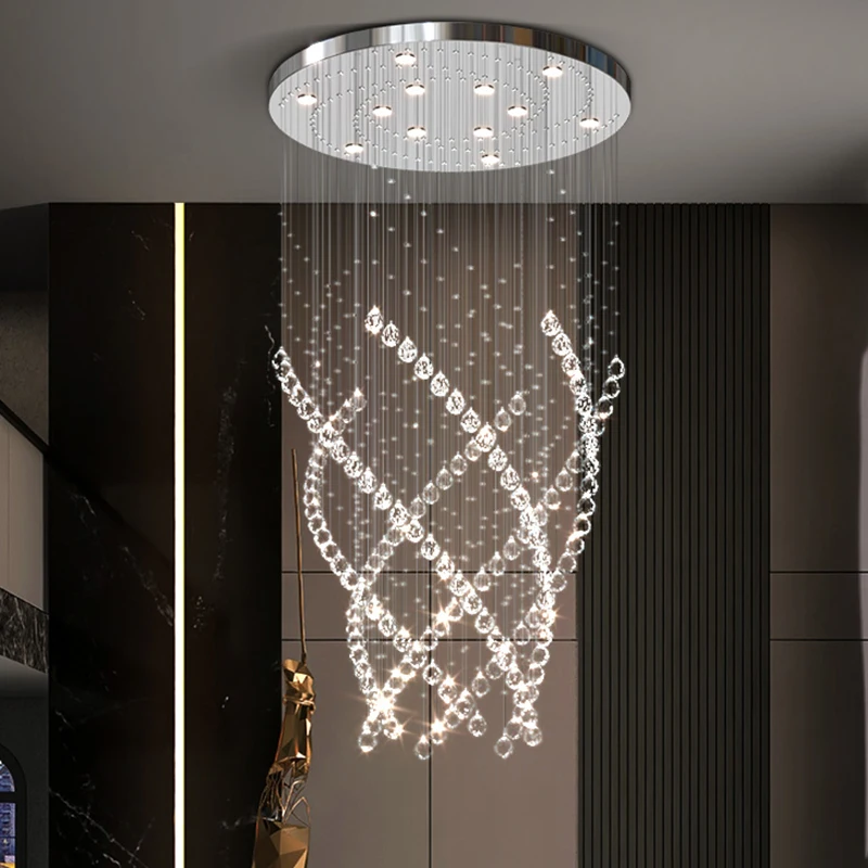 NORMICHY New Design Large Decorative High Ceilings Living Room Chrome Pendant Lamp Spiral Stair Modern Luxury Crystal Chandelier