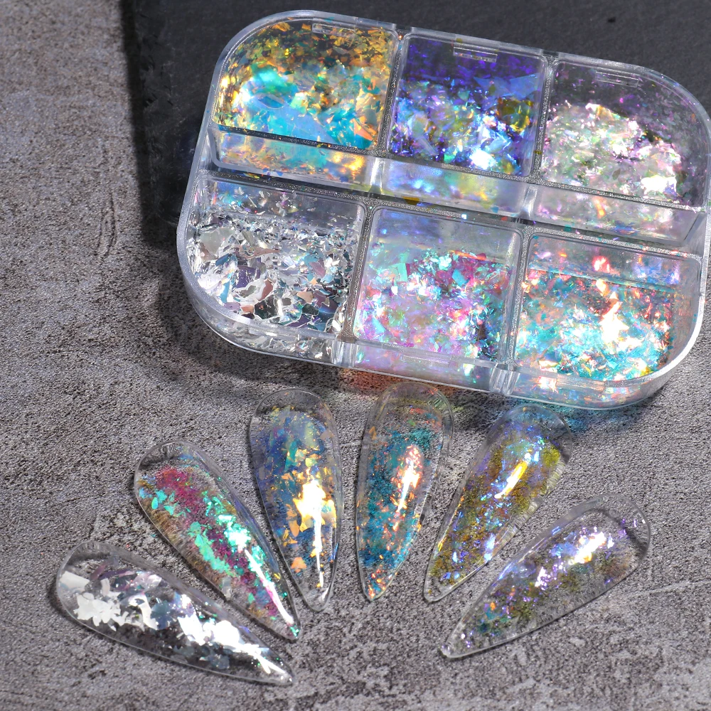 6Grids Iridescent Aurora Sequins for Nails Crystal Opal Fire Glitter Flakes Nail Art Decoration Winter Holographic Design NTXR