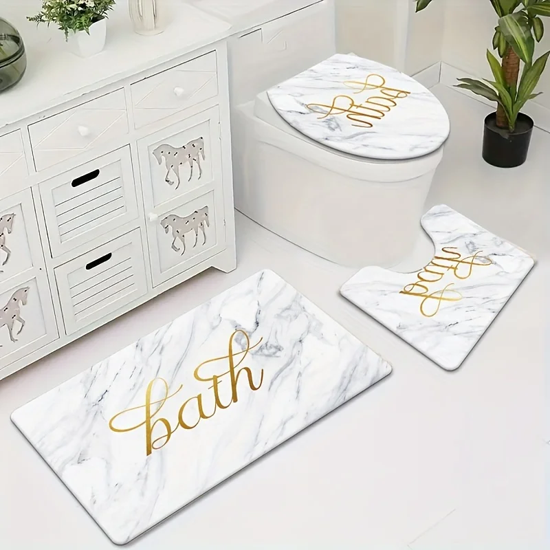 Marble Design 3-Piece Bathroom Set with Bath Mat, Toilet Lid Cover, and Contour Rug - Hand Washable, Square Shape, Lightweig