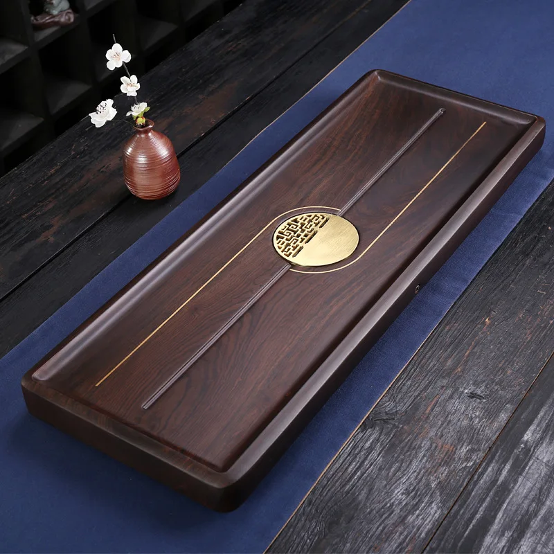 

[Copper Embedded Tea Tray] Ebony Full Plate Solid Wood Copper African Log Copper Piece Creative New Tea Table