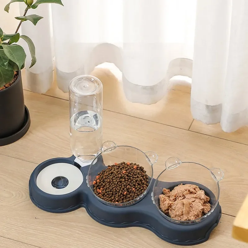 Pet Bowls With Water Feeder, 3 In 1 Ear Design Tilted Cat Water And Food Bowl Set With Gravity Water Bottle For Neck Protection