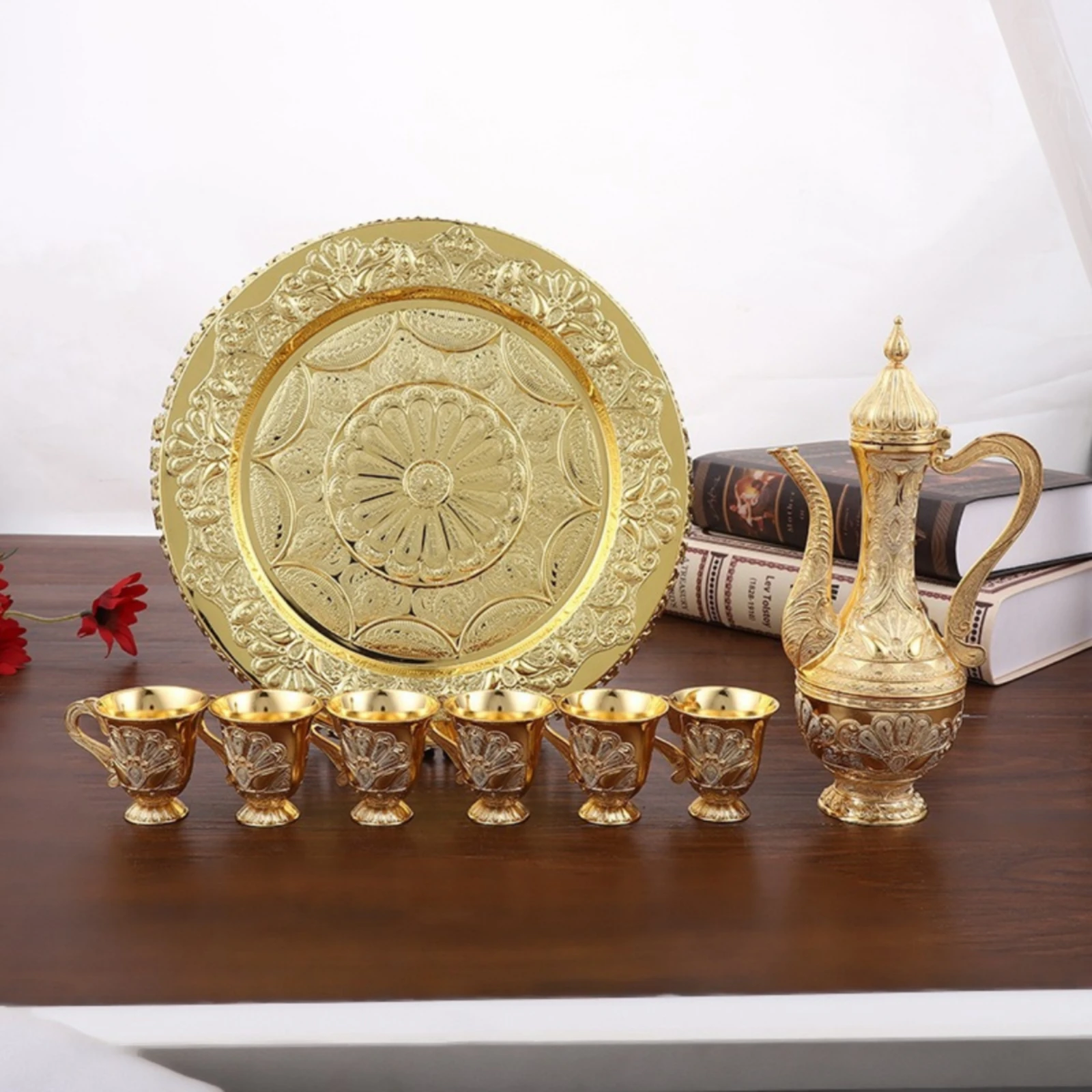 Tea Service with Tray Ornate Tea Set with Tray Turkish Coffee Set Embossed Drinkware Metallized for Collectors, Home Decor view 6