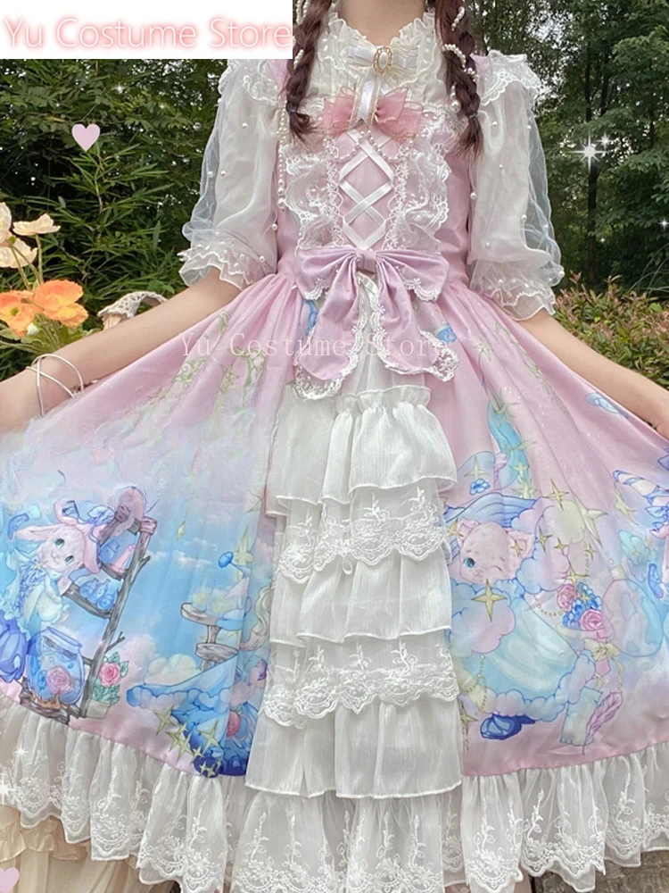 

Yu Store Lolita Style Princess Dresses Kawaii Square Collar Bow Lace Cascading Ruffle Sleeveless Sweety Cosplay Camisole Dress
