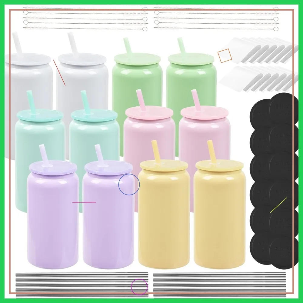 

12-Pack Glass Cups with Lids & Straws, 16oz Stainless Steel Sublimation Tumblers for Drinks