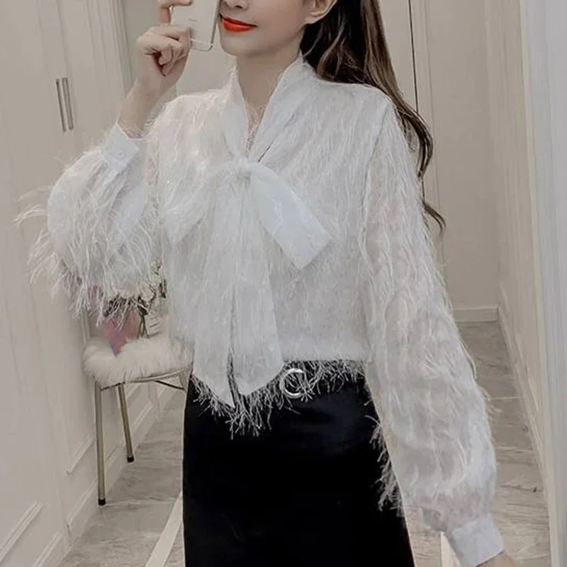 Autumn Shirt Office Lady Solid Color Chic Shirt Women Stylish Aesthetic Solid Color Drawstring Bright Silk Lantern Sleeve Top